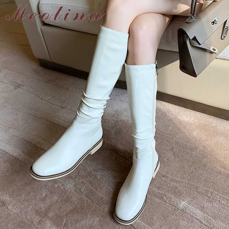 

Meotina Women Long Boots Shoes Genuine Leather Low Heel Riding Boots Block Heels Zip Pleated Knee High Boots Autumn Winter Black 210608, Black synthetic lin