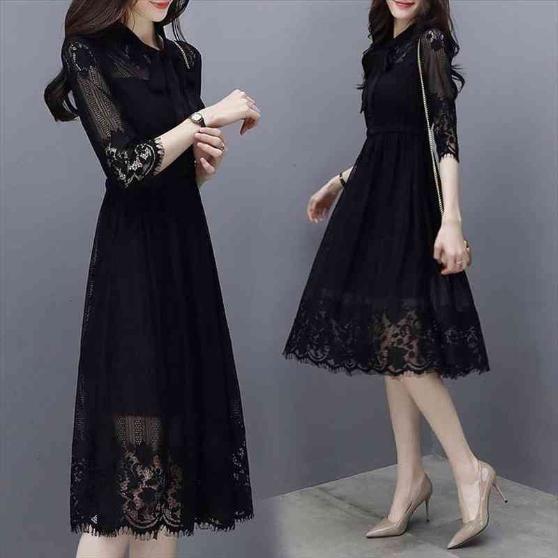 

Summer Black Lace Bow Neck Womens Dresses Retro Vestidos Elegante A Line Half Sleeve Vintage Casual Slim Clothes, Black;gray