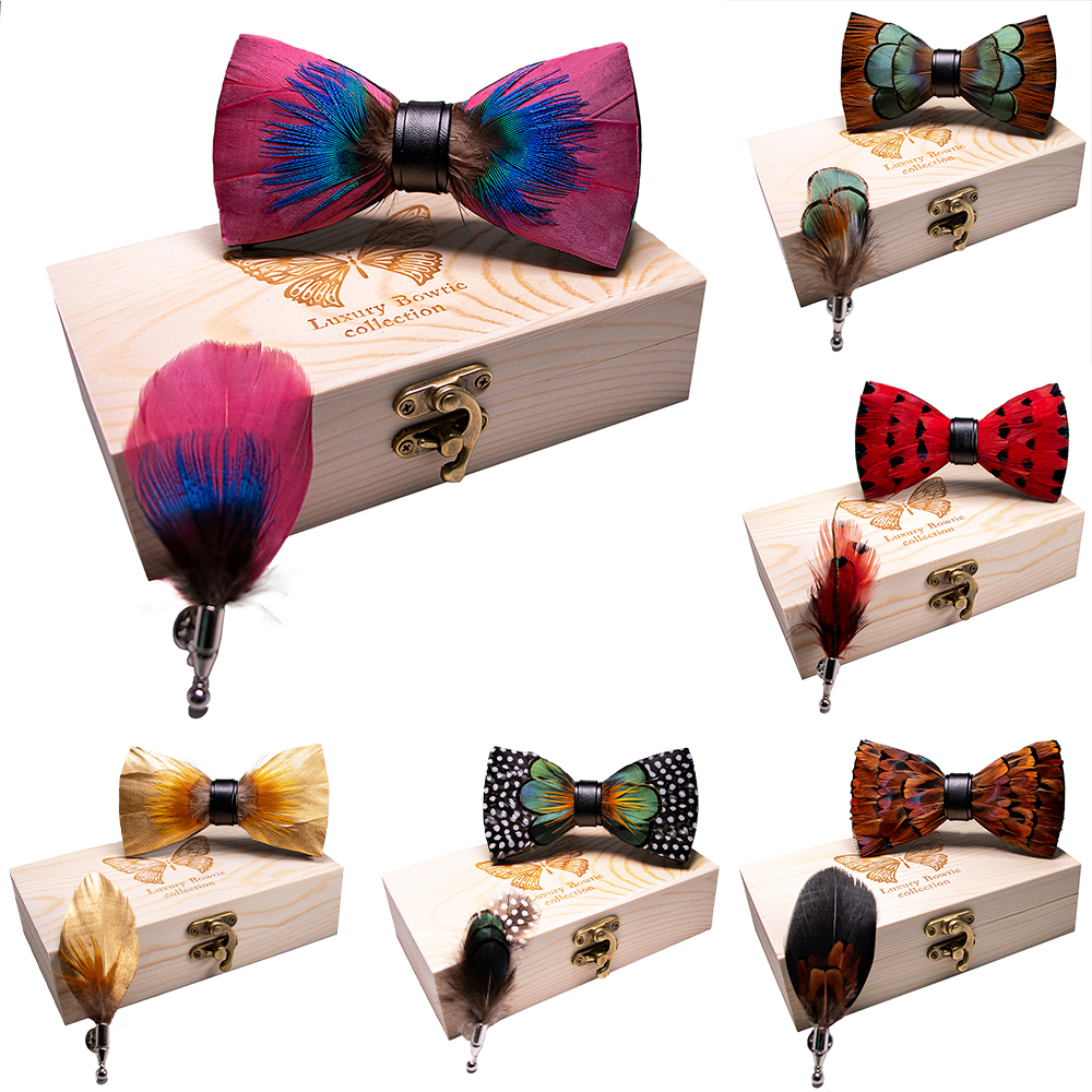 

67 style New Design Natural Feather Bow tie Exquisite HandMade Mens BowTie Brooch Pin Wooden Gift Box Set for Wedding