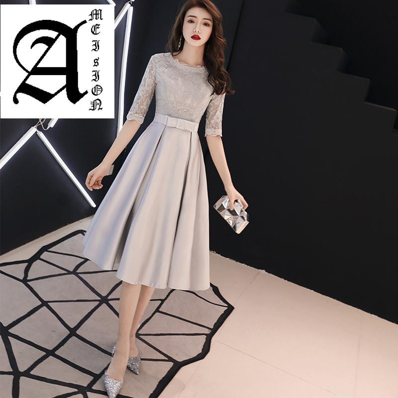

Evening Dresses 2021 Spring Summer -Length Dress O-neck Half Sleeve Silver Slim Prom Party Bow Sashes Haute Couture, Black;red