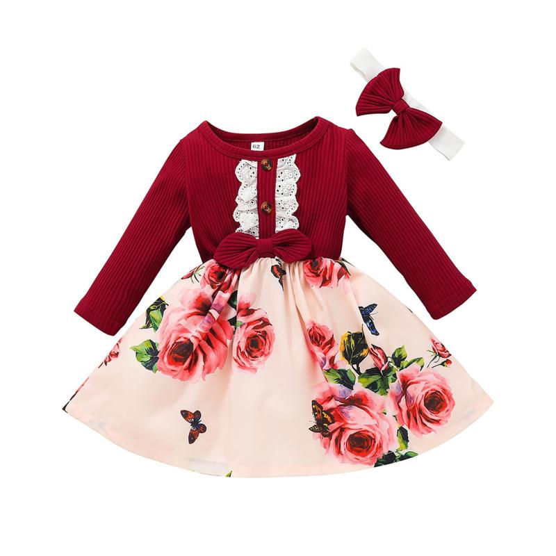 

Girl's Dresses Born Girls Dress Kid Baby Ribbed Ruffled Bow Splice Floral Party Princess Headband Set Vestido, Red;yellow