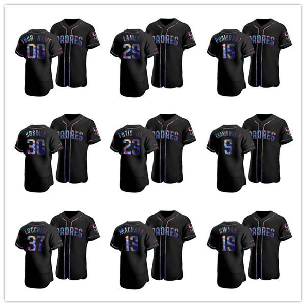 

San Diego Padres MEN WOMEN YOUTH Manny Machado Joey Lucchesi Fernando Tatis Jr. Authentic Holographic Golden Edition baseball Jersey, Black