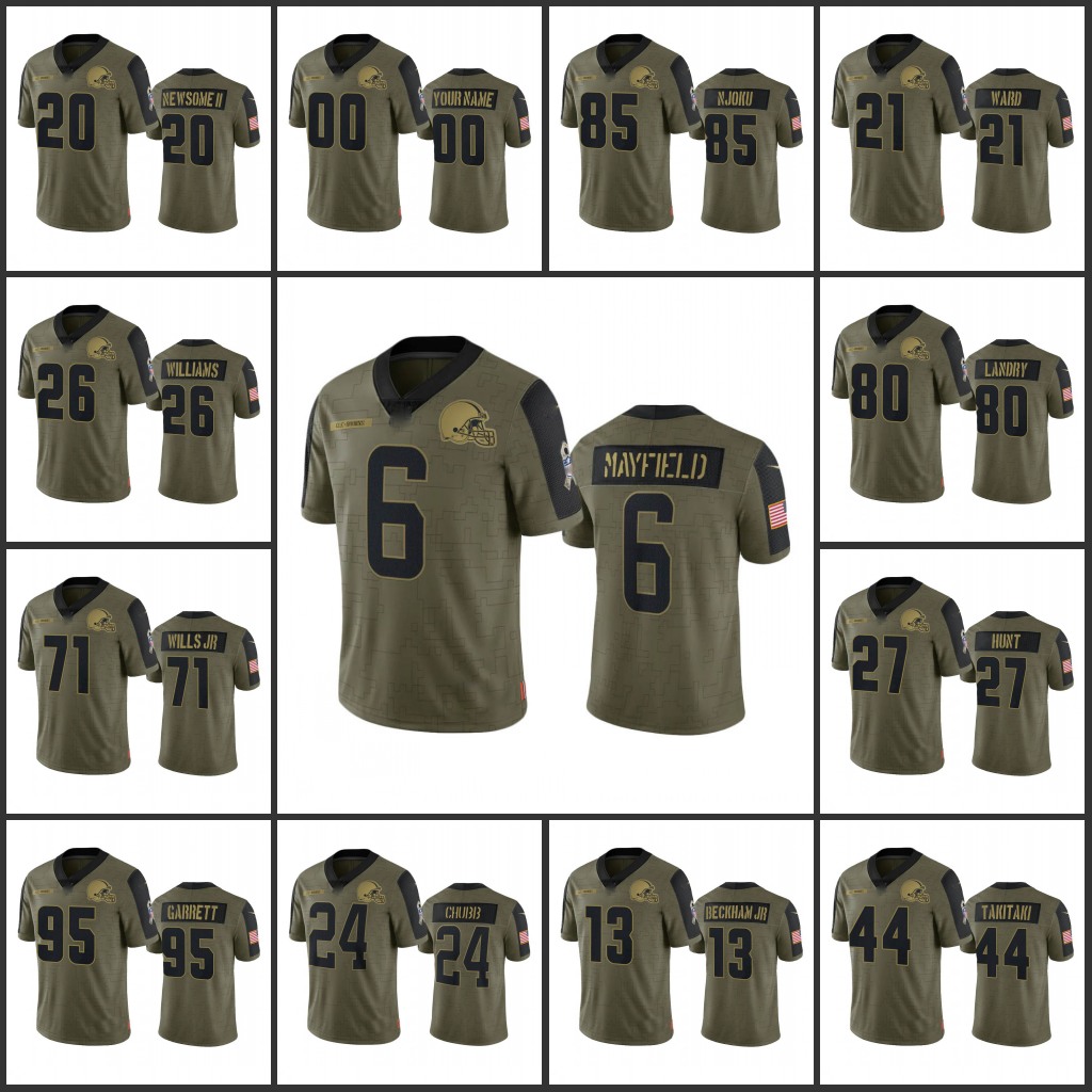 

ClevelandBrownsMen #6 Baker Mayfield 24 Nick Chubb 13 Odell Beckham Jr 95 Myles Garrett Custom Women Youth Olive 2021 Salute To Service Limited Jersey