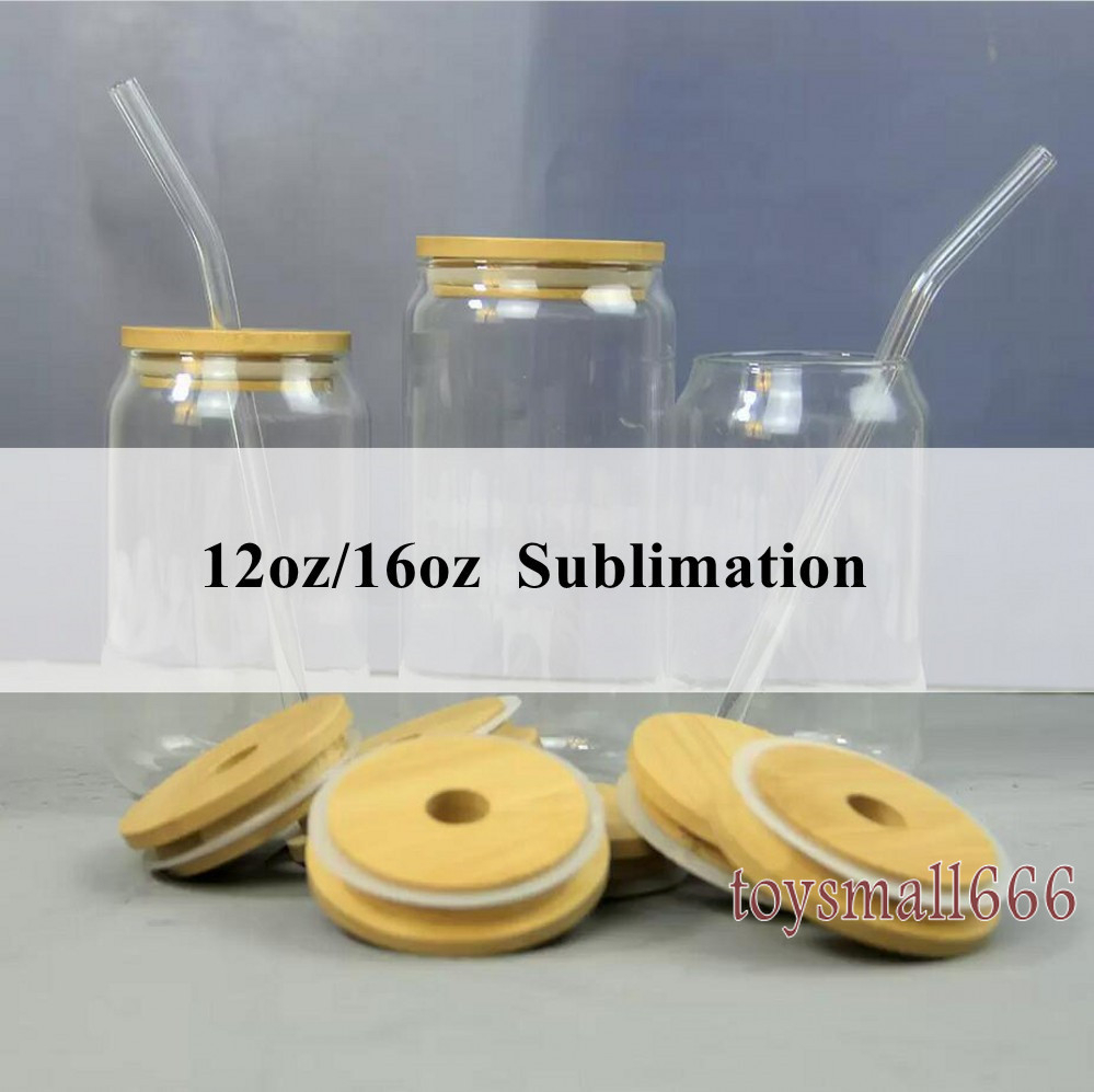 

12oz/16oz Sublimation Blank Glass Beer Mugs Can Shaped Cups Soda Tumbler Drinking Mason Jar Juice Glasses With Bamboo Lid And Reusable Straw, Clear with lid and straw