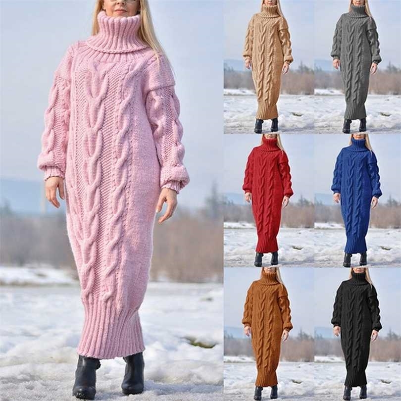 

Sweater Dres Long Sleeve High Neck Knitted Pullover Soft Warm Solid Color Oversize Bodycon Jumper Female 211110, Caramel colour