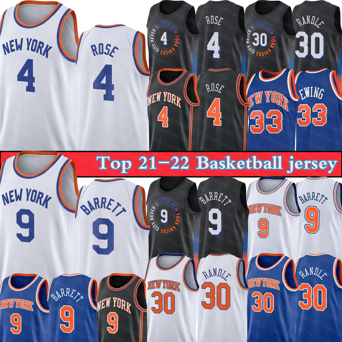 

Julius 30 Randle RJ 9 Barrett Derrick 4 Rose Black basketball jerseys Patrick 33 Ewing Kemba 8 Walker Men's NewYork, Black;red