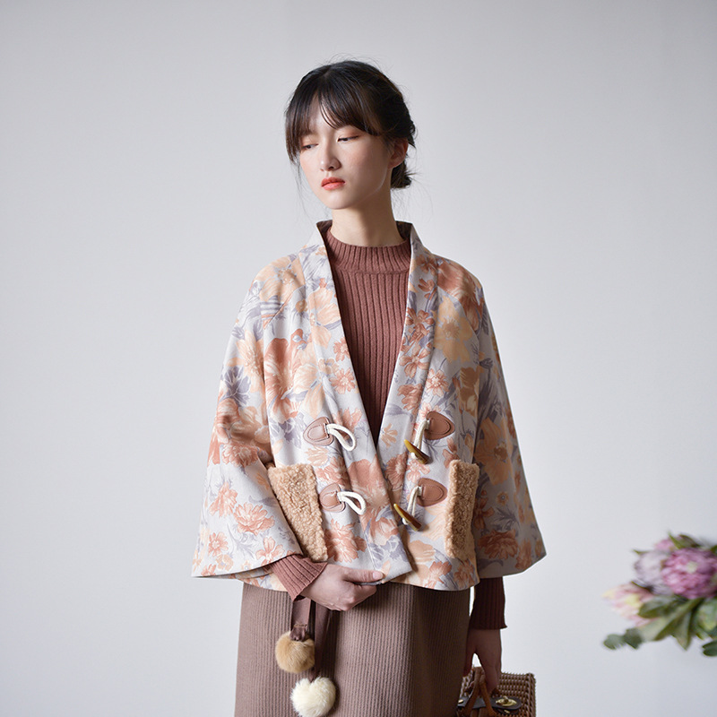 

Johnature Women Clothes Vintage Coat Winter Print Loose V-neck Full Sleeve Leisure Concise Tops Ladies Short Coats 210521, Skirt