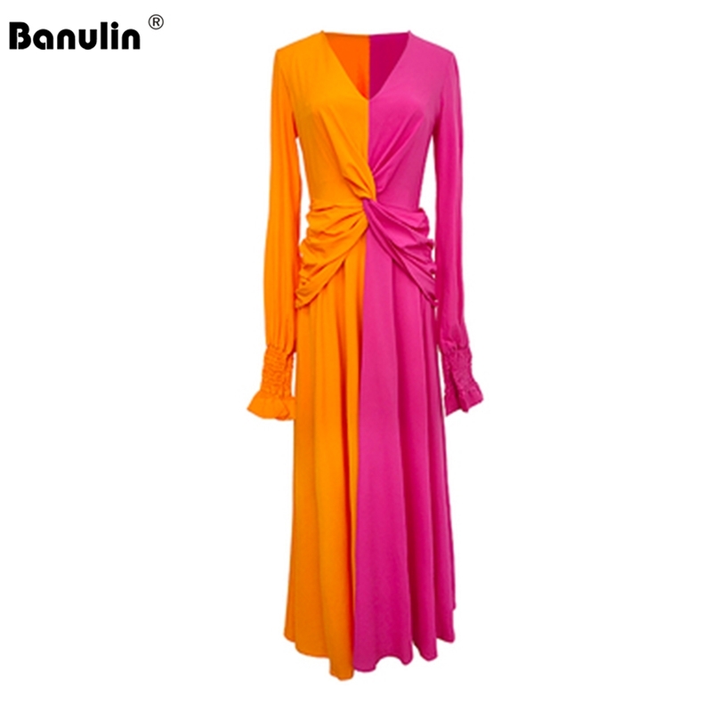 

Banulin Spring Summer Chiffon Holiday Dress Women Lantern Sleeve Sexy V-Neck Contrast Fold Crossing Beach 210603, Color matching dress