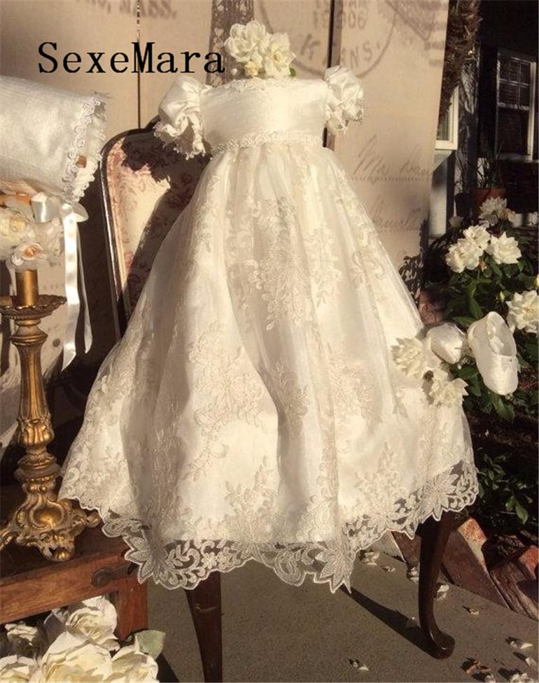 

Girl's Dresses Infant Baby Girl Christening Dress Todder Baptism Gown O Neck Lace Satin With Bonnet White Ivory