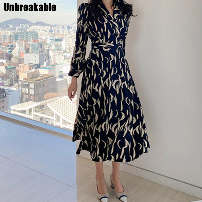 

Casual Dresses 2021 Summer Autumn Kroean Temperament Maxi Print Elegant Retro Women Vintage A Line Vestidoes Mejer, Picture color