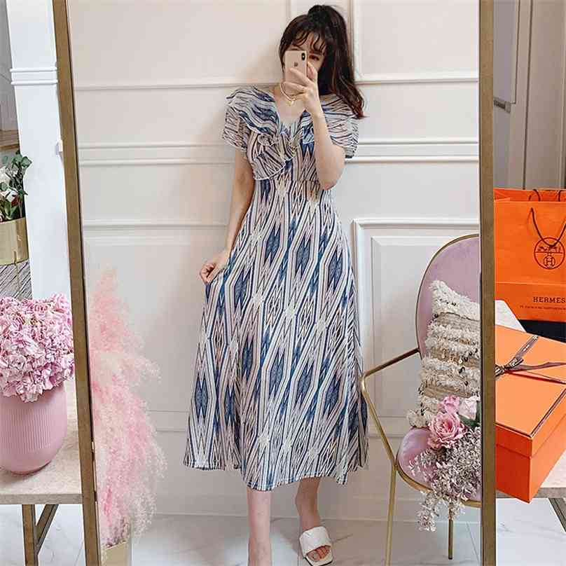 

Long maxi Dresses for women Ruffle Short Sleeve V neck Chiffon elegant print sundress Sexy ladies Loose causal A line 210602, Orange red