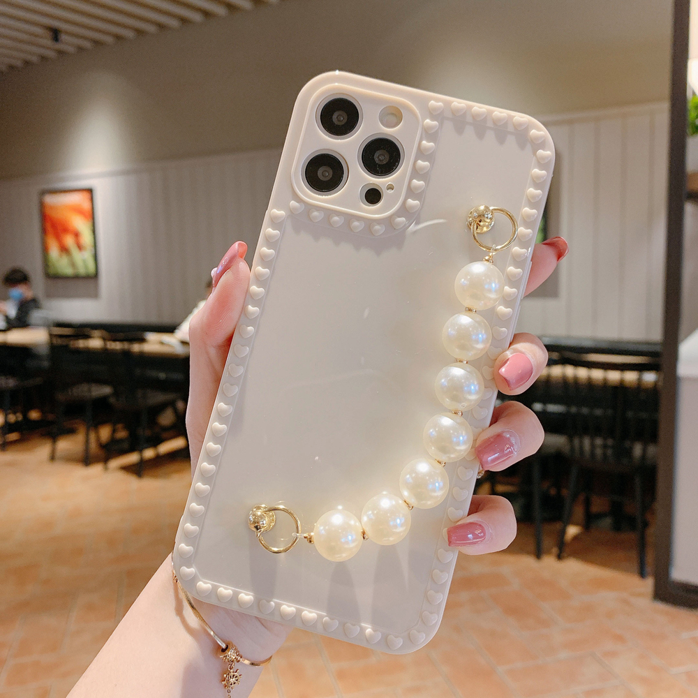 

pearl wristband holder Phone Cases For iphone 12 11 pro max iphone 6 7 8 Plus soft full cover protection girls woman cellphone case, White