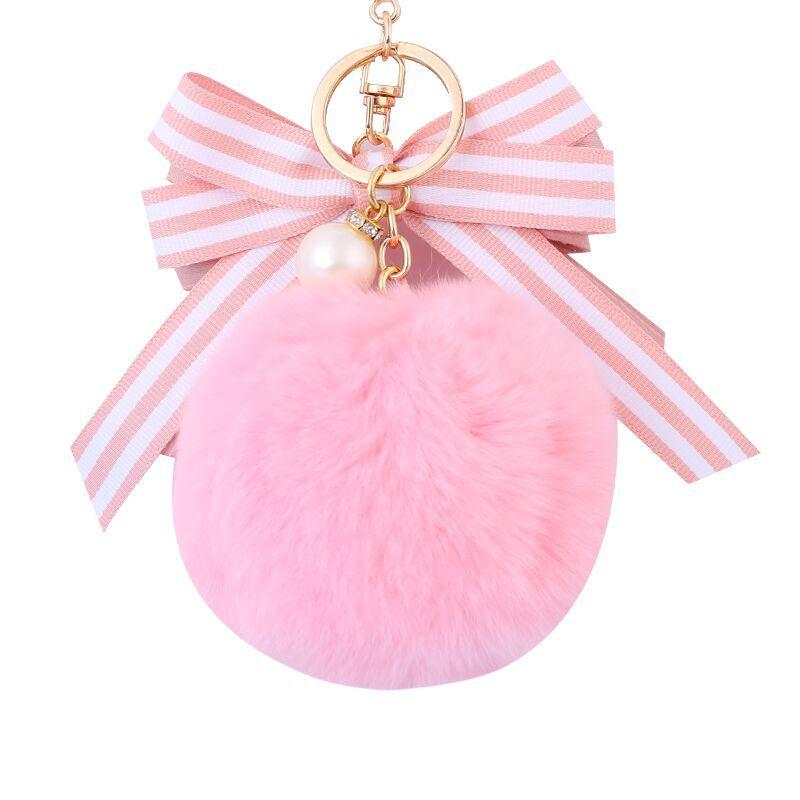 

Keychains Cute Striped Bow Fur Keychain Pearl Pompom Fake Ball Key Chain Fluffy Pompon Keyring Bag Charms Ring Llaveros Chaveiros