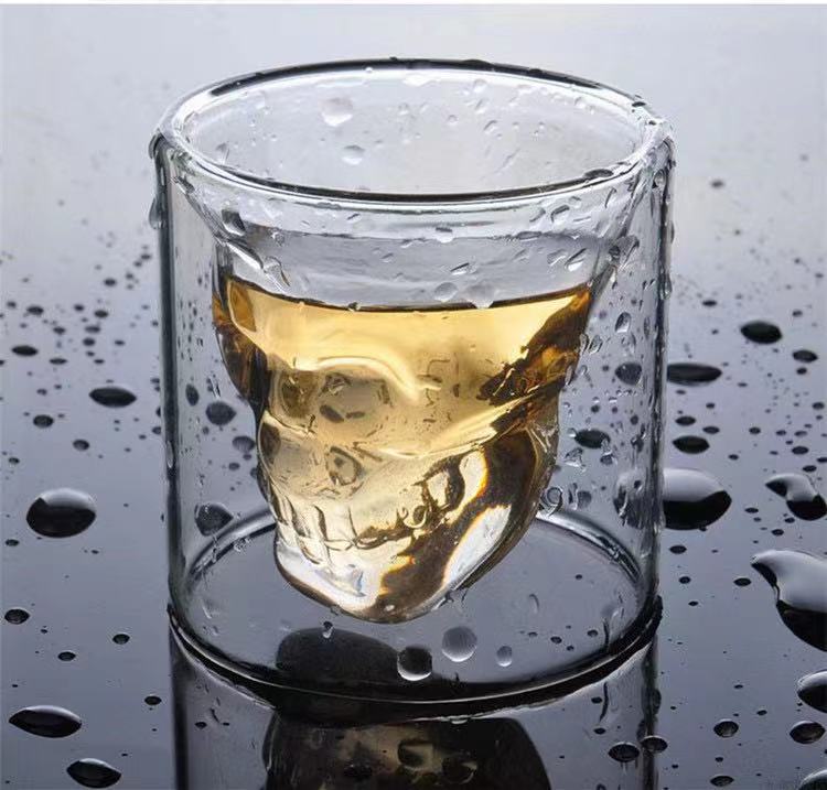 

4 Sizes Water Cup Tumblers Whiskey Wine Skull Shot High Borosilicate Glass Mug Creativity Transparent Clear Double Layer Flat Bottom Drink Cups, Skull head