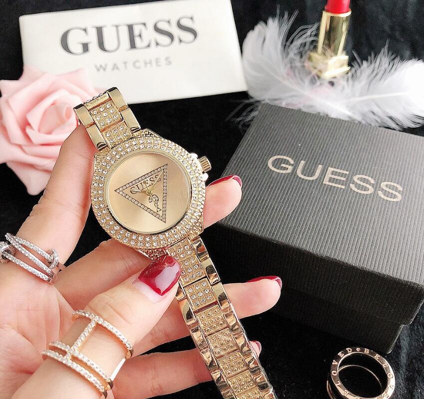

044 Guess Fashion designer Diamond Watches women Girl Big letters women Clock Wristwatch steel band watch Quartz watch men 37MM, Ombre color