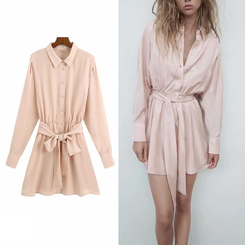 

Women Mini Za Autumn Shirt Dress Tied Self Belt Satin Dress Lapel Collar Long Sleeve Elastic Waistband Elegant Dresses 210602, As picture