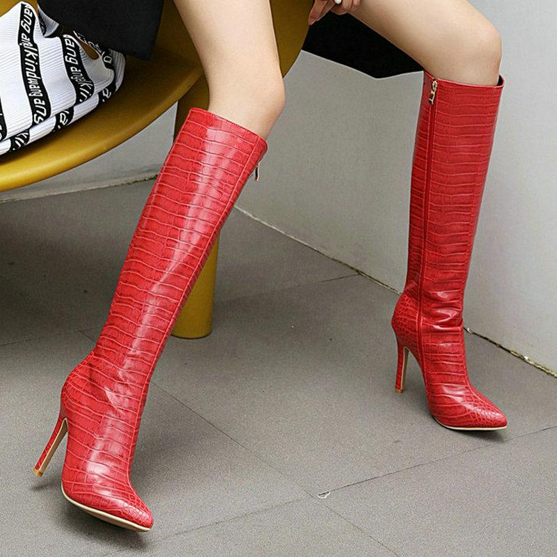 

Boots Plus Size 34-43 Women Knee High Pointed Toe Side Zipper Ladies Thin Heel Short Plush Winter Women's Shoes, Black