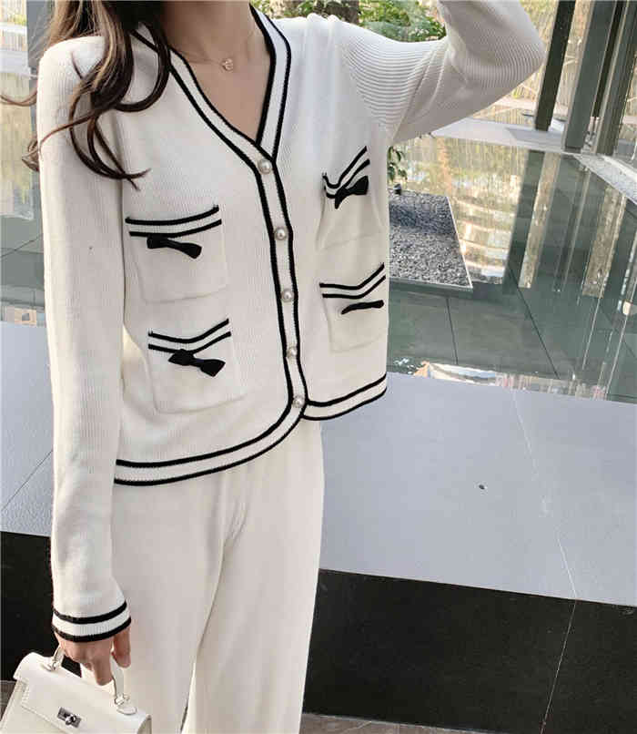 

Spring Tracksuits Sweater Suits 2 Piece Set Women Sweet Bow Pocket Cardigan Coat + Wide-Leg Pants Sets Trousers Outfits 210525, Black