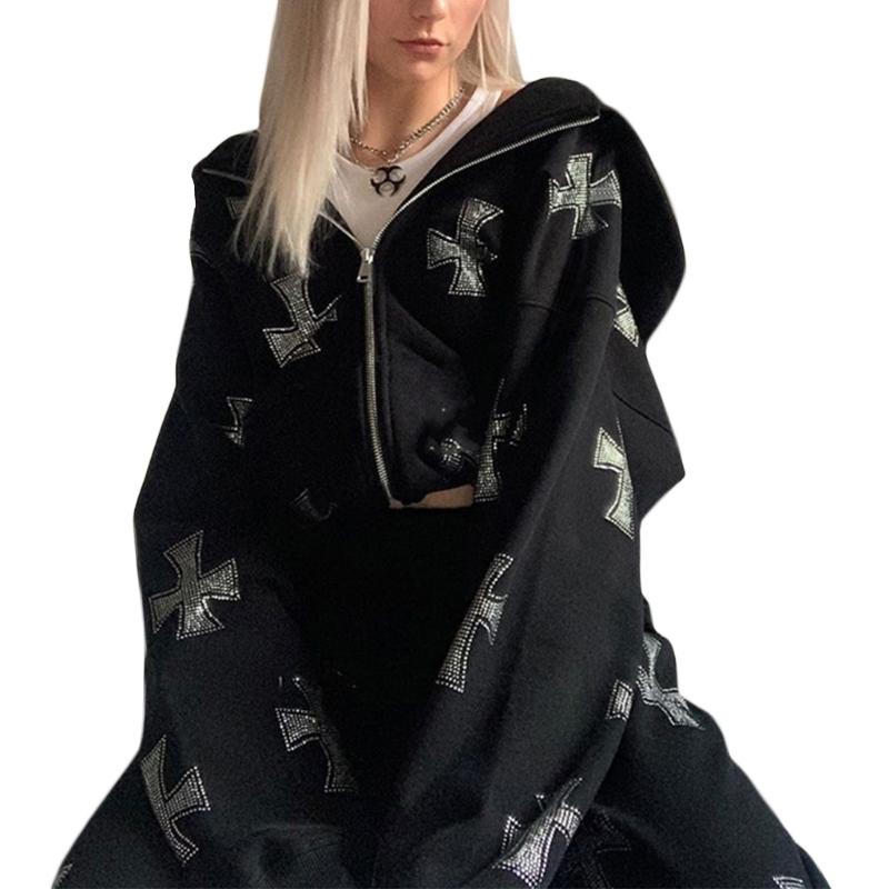 

Women's Jackets U2JF Women Zip Up Hoodie Jacket Harajuku Goth Punk Cross Rhinestone Hip Hop Sweatshirt Coat Long Sleeve Oversized Outwear, Black