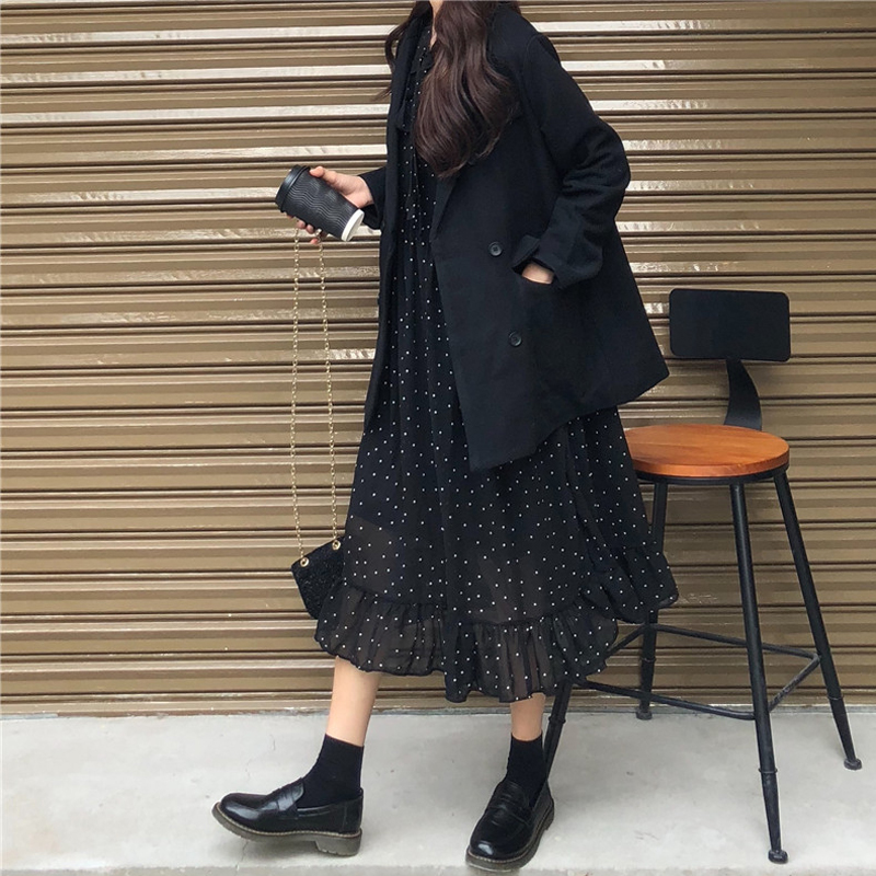 

2021bgteever elegant polka dots print women chiffon dress vintage loose long dress lace-up female a-line vestidos femme spring, Black;gray