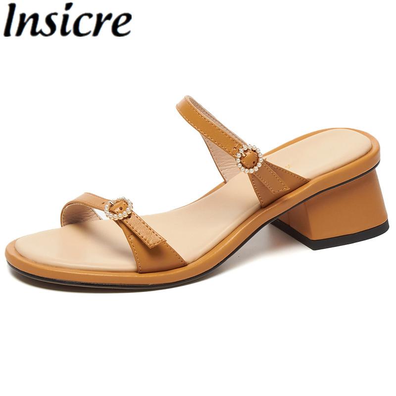 

Insicre 2021 Summer Slippers Cow Leather Bead Round Toe Brown Women Sandals Sweet Thick High Heel Shoes Dress Buckle, Black