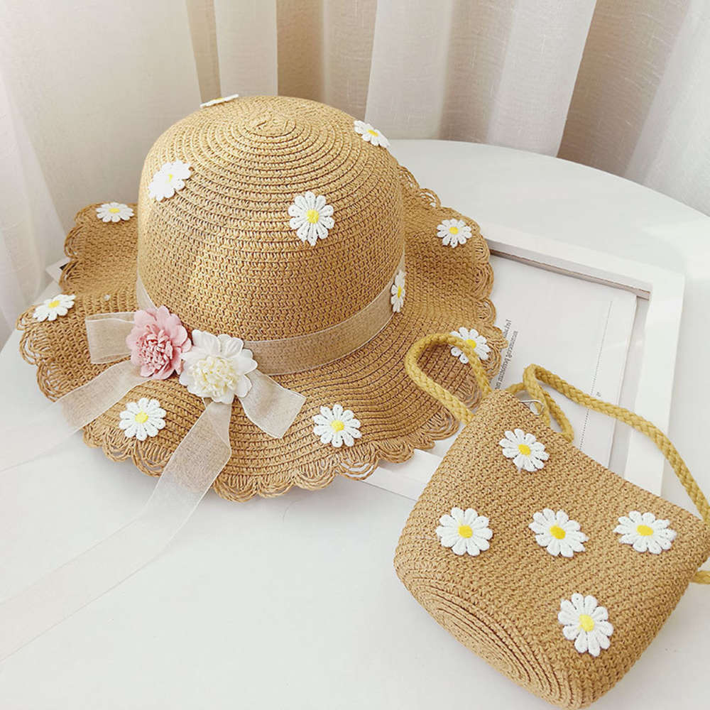 

straw girl's daisy Children's summer protection Beach sun Hat with bag, Yellow
