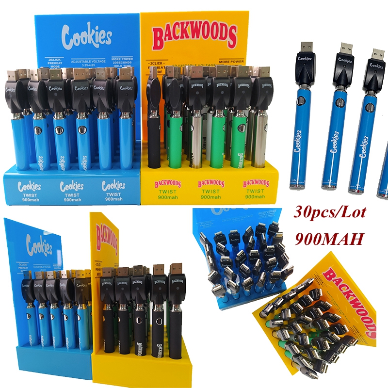 

Hot Cookies Backwoods Twist Preheating Battery Variable Voltage 900mAh 510 Thread Batteries Bottom Adjustable Voltage 30pcs Display Box