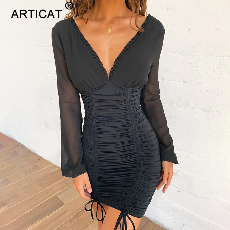 

2021articat chiffon summer autumn dress women 2021 long sleeve slim elastic bodycon bandage dress short pleated party dresses, Black;gray