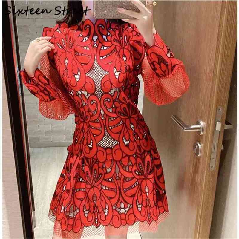 

Vintage Dress For Woman Red Lace Patchwork Party Vestidos Lady Spring Long Sleeve Sexy Hollow Dresses Female Clothing 210603