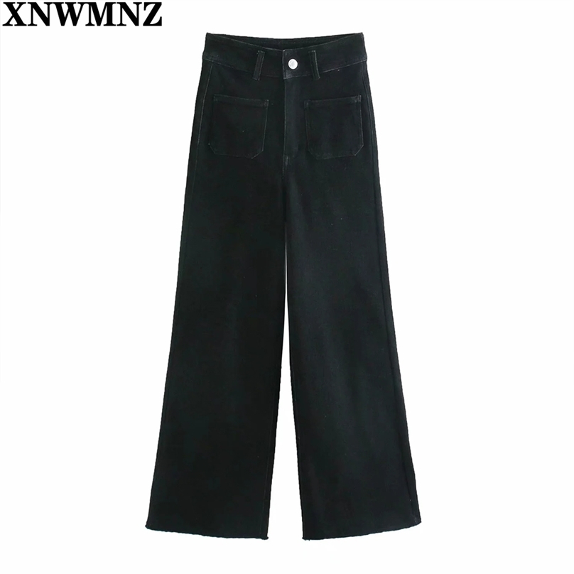 

Premium patch pocket marine straight jeans woman denim pants Vintage High Waist Zipper Fly Denim Female Ankle Trousers Mujer 210520, Black