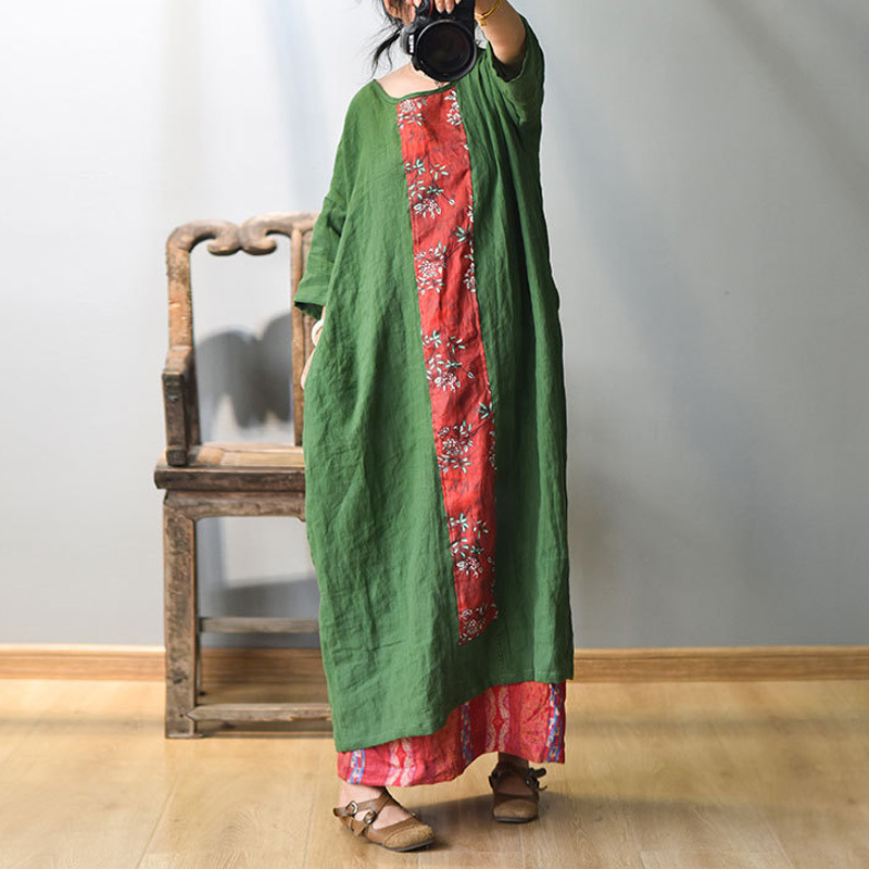 

Johnature Women Vintage Patchwork Linen Dresses O-Neck Seven Sleeve Summer Female Chinese Style Loose 8 Color Dresses 210521