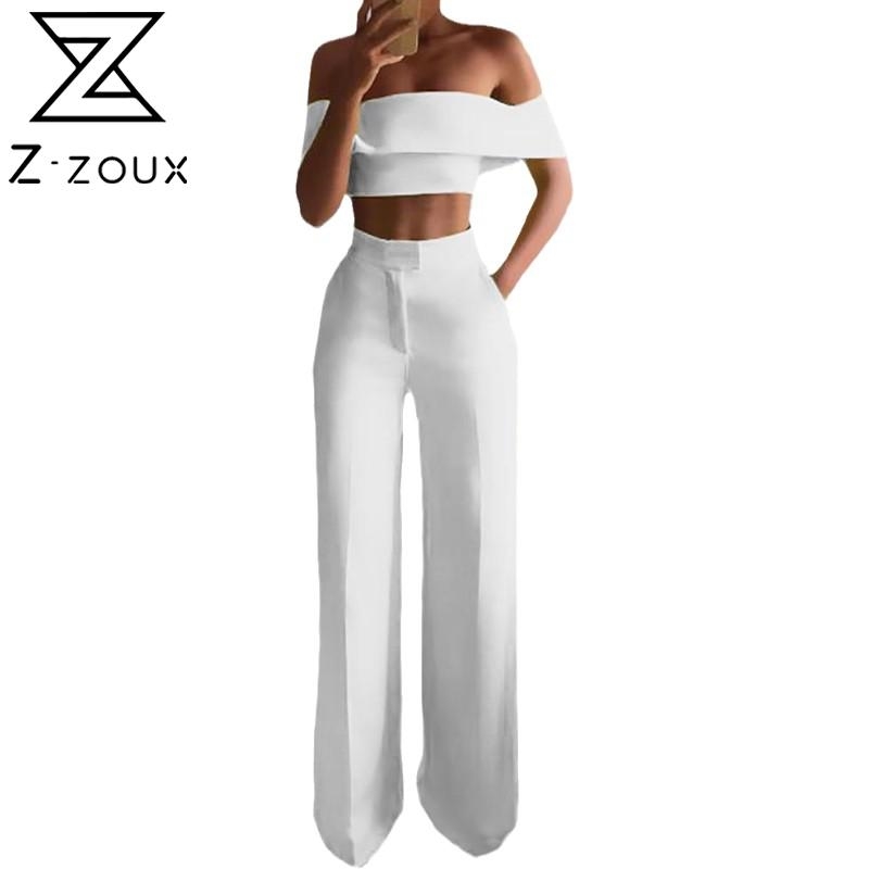 

Women Set Top Pants Slash Neck Off Shoulder Sexy Tops High Waist Wide Leg Fashion Sets 210524, Black