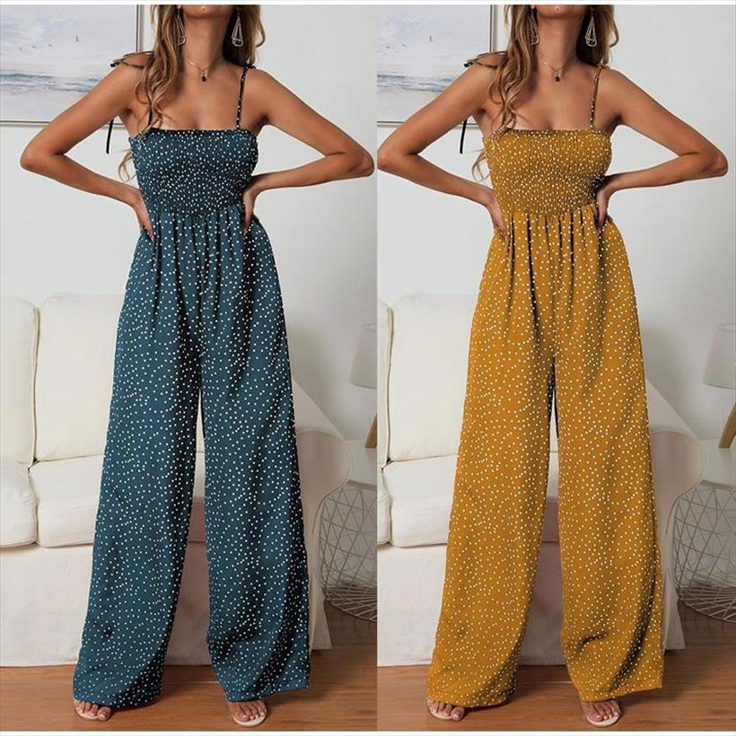 

polka dot high waist womens romper boho yellow spaghetti strap wide leg pants female summer jumpsuits ladies, Black;white