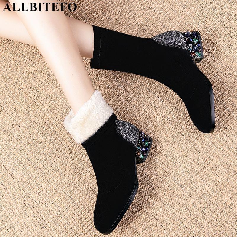 

Boots ALLBITEFO large size:34-42 Color diamond heel plush inside winter women thick heels ankle for snow 232N, As picture