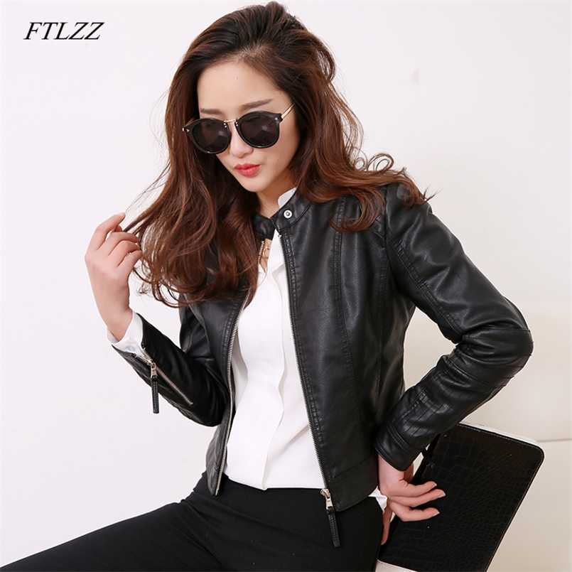 

FTLZZ European Style O Neck PU Leather Jacket Fashion Motorcycle Leather Outwear Women Slim Biker Coat Basic Streetwear 211110, Black