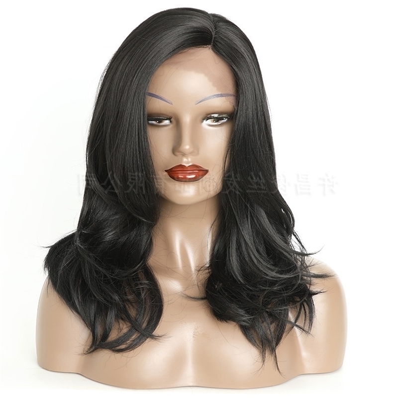 

front Hot selling women's lace partial natural long curly wig, Black