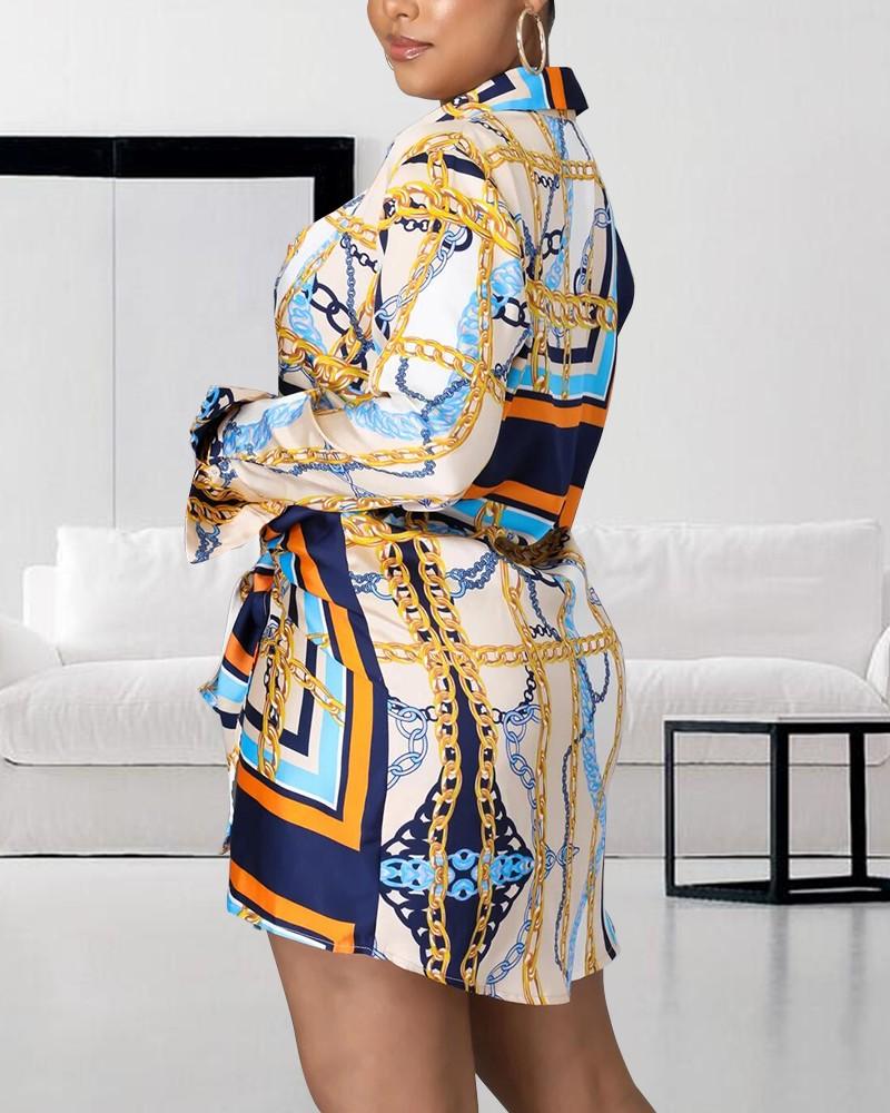 

Casual Dresses Women' Spring And Autumn Chain Twist Waist Button Front Print Dress