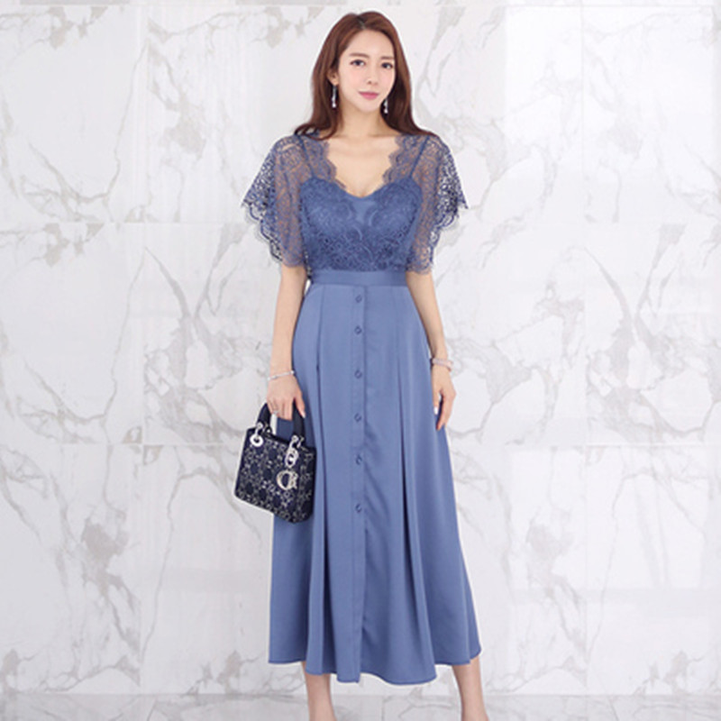 

Summer Elegant Vintage Lace Patchwork A-line Dress Women V-neck Single-breased Long Dresses OL office work Vestidos 210525, Picture color