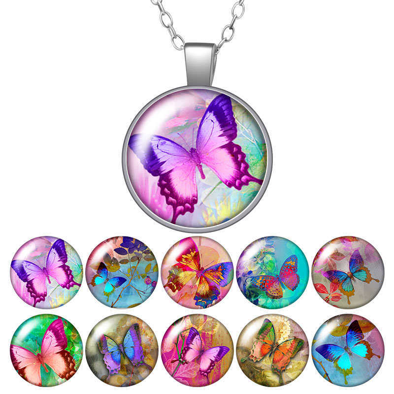 

Fantasy Colorful Butterfly Round Pendant Necklace 25mm Glass Cabochon Silver Plated/crystal Jewelry Women Birthday Gift 50cm