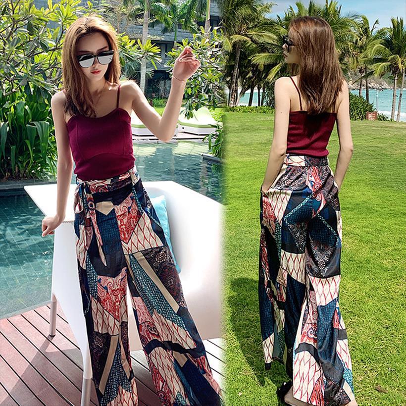 

tingyili bohemian palazzo summer holiday womens capris beach vintage ethnic print casual satin, Black;white