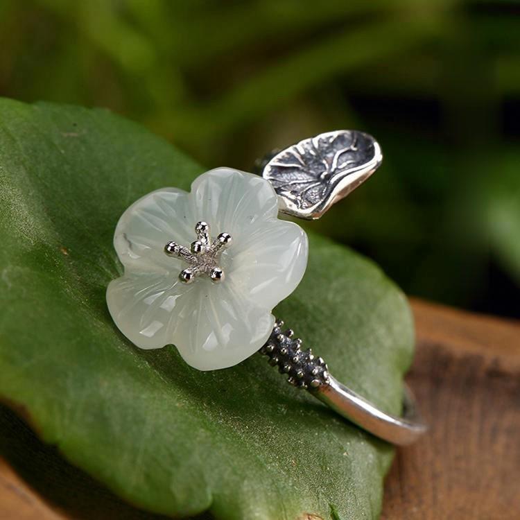 

Cluster Rings Original Design Natural Hetian Jade Lotus Pontoon Creative Opening Adjustable Ring Chinese Retro Craft Charm Lady Silver Jewel