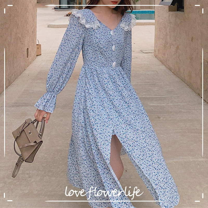 

LFL Casual Flare Sleeve Single-breasted Female Floral Dress Side Split Vestidos Lace Patchwork V-neck Women A-line Dress 210521, Light blue