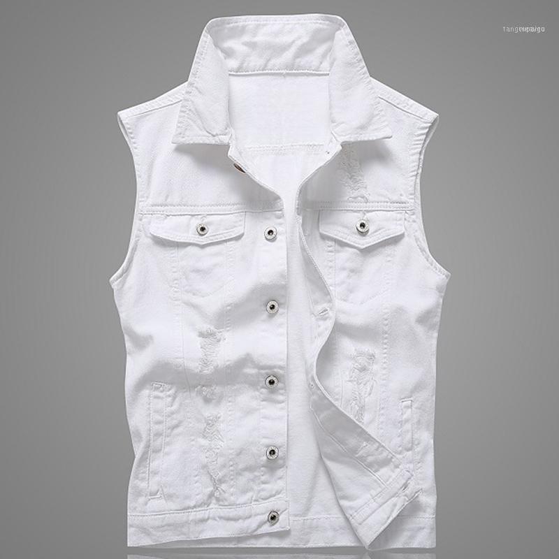 

Men' Vests Hole Denim Waistcoat Men White Jeans Vest Solid Rock For Fashions Summer Sleeveless Jacket 5xl Punk Biker Ripped1