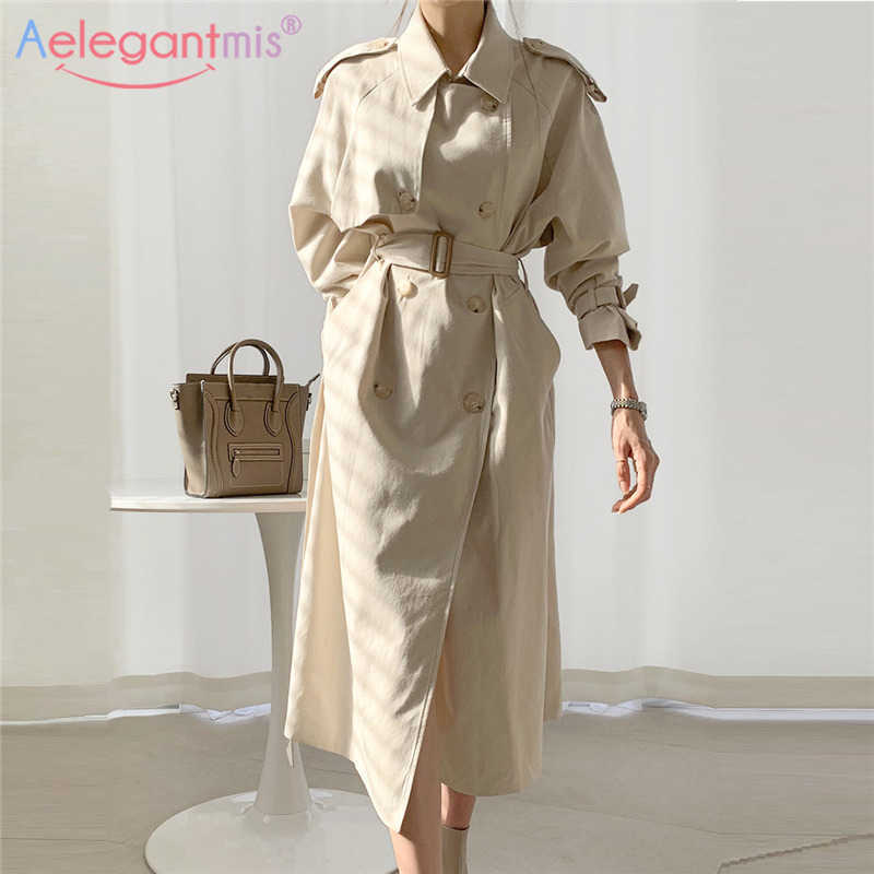 

Aelegantmis Korean Loose Sashes Office Lady Trench Coat Women Double Breasted Elegant Jacket Female Casual Overcoat OL 210607, Apricot