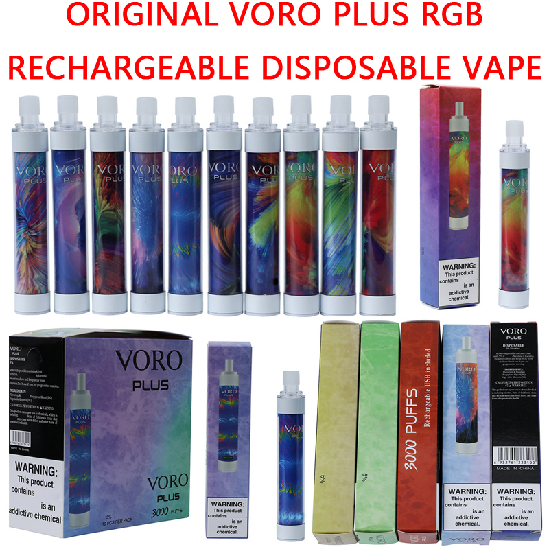 

Voro Plus Rechargeable Disposable Vape Pen E Cigarette Device with RGB Light 650mAh Battery 4.8ml Cartridges Prefill 3000 Puffs Glowing Vape