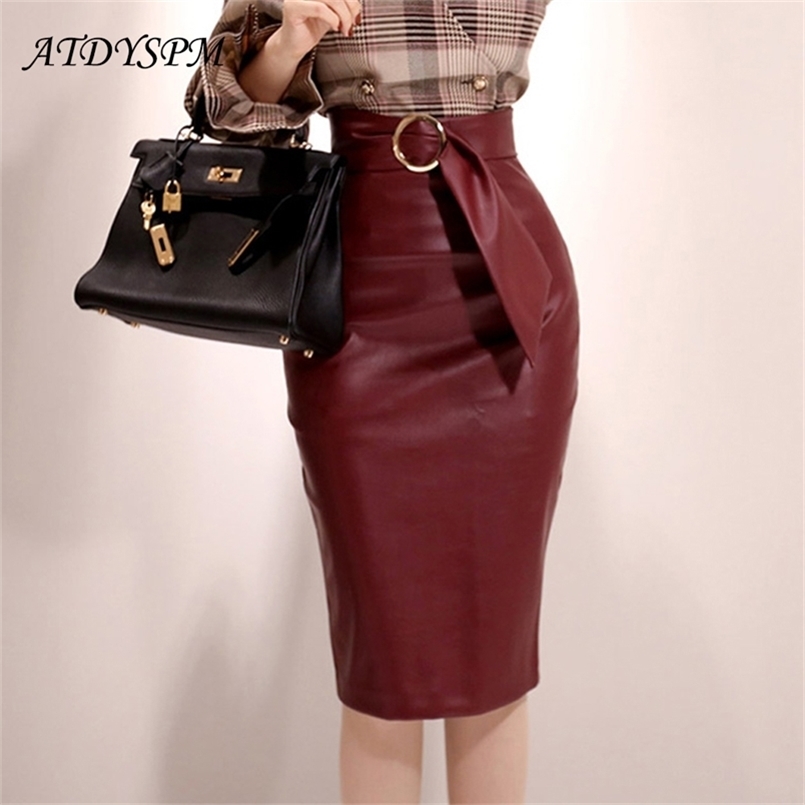 

Spring High Waist PU PLeather Skirts For Women Elegant Package Hip Pencil Office Lady Casual Midi With Sashes 210702, Wine skirts