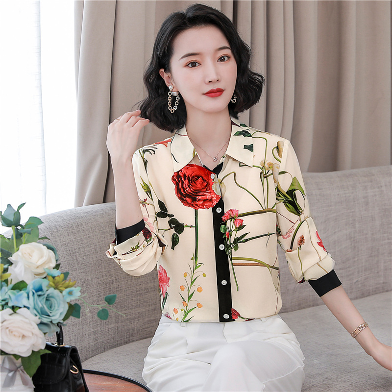 

Luxury Runway Floral Silk Shirt Women 2021 Long Sleeve Turn-Down Collar Button Up Vintage Blouse Spring Autumn Winter Slim Office Lady Designer Satin Printed Tops
