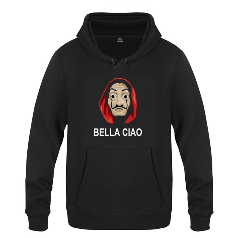 

Autumn and winter new men's sweater banknote house Bella ciao mask print Hoodie, Black