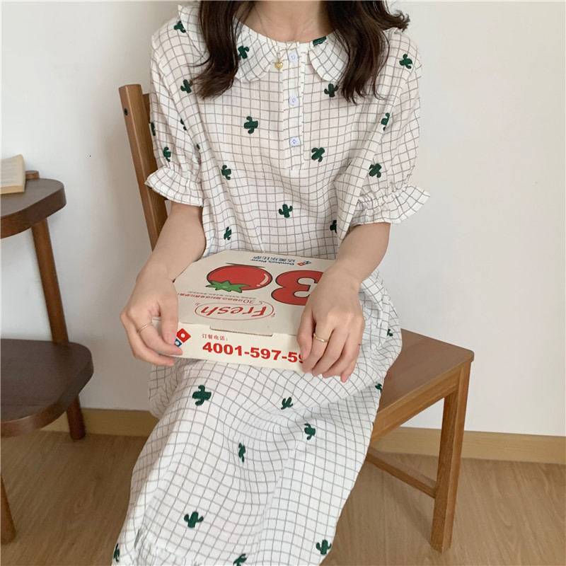 

Casual Dresses 2021 Summer Printed Short Sleeves Plaid Cute Homerwear Loose Night Pajamas Romance Florals Sweet Gentle 5VBA, Green