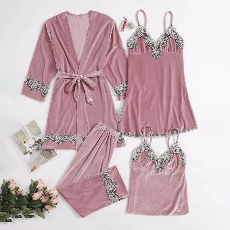 

Women's Sleepwear 4 Piece Pajamas Set Sexy Lace Velvet Women Dressing Gown Winter Robe With Chest Pads, Black;red